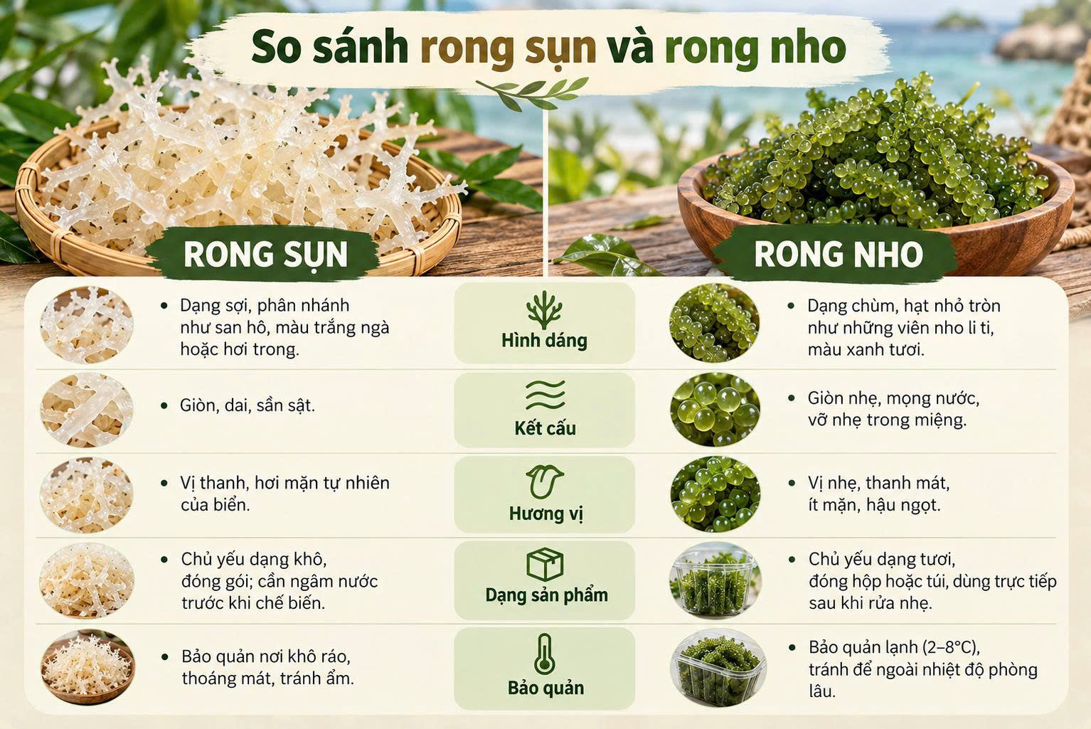 Rong sụn và rong nho khác nhau thế nào? Nên chọn loại nào?